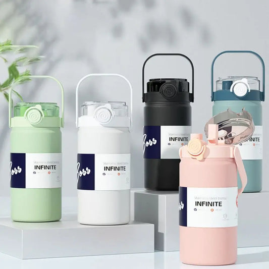 1L/1.2L Stainless Steel Thermos Bottle – Large Capacity Vacuum Flask with Straw, Hot & Cold Thermal Cup for Gym, Car & Travel